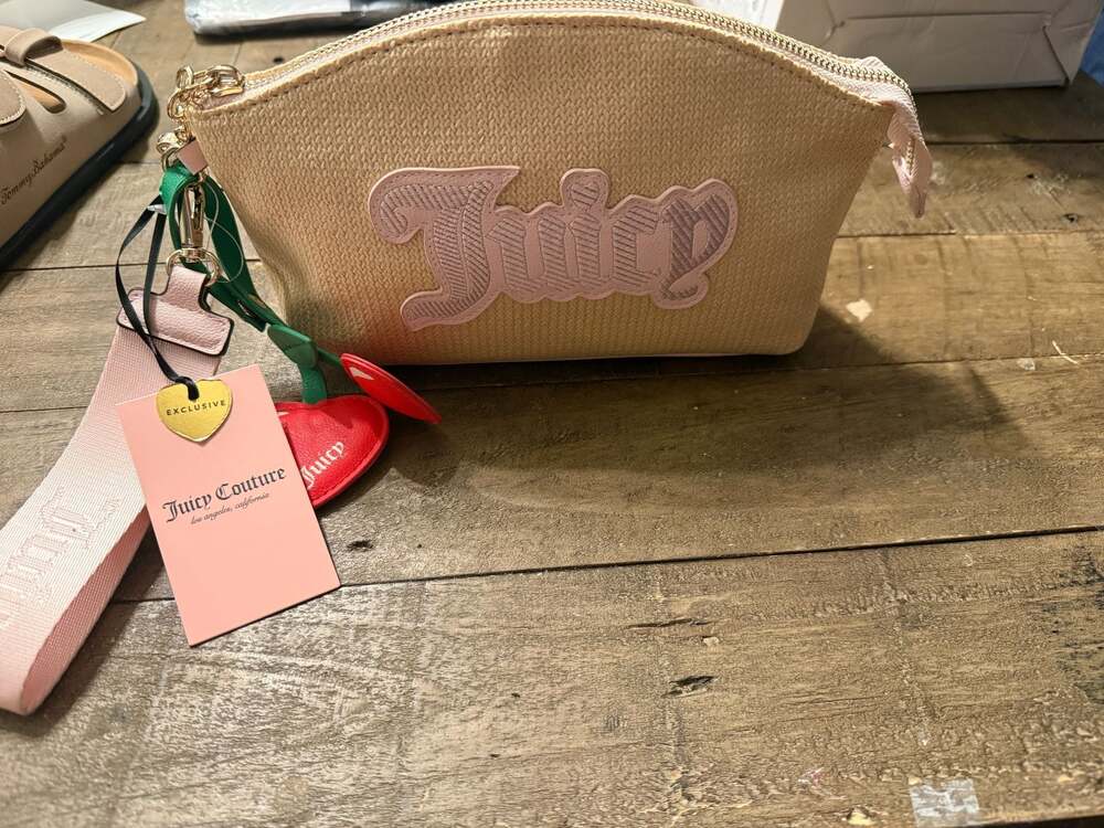 Juicy Couture Straw Cosmetic Pouch with Pink Logo and Cherry Charm
